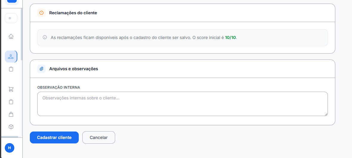 Cadastro de cliente — observações